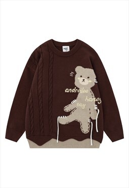 Bear print sweater knitted teddy jumper cable knit top brown