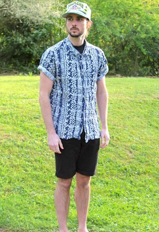 VINTAGE 80S ART NERD AZTEC SHIRT - MEDIUM - FESTIVAL - RETRO