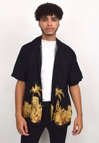 VINTAGE 90S BLACK & GOLD HAWAIIAN PRINT SHIRT