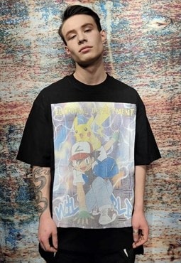 Pikachu tee Pokemon animal retro top cartoon t-shirt black