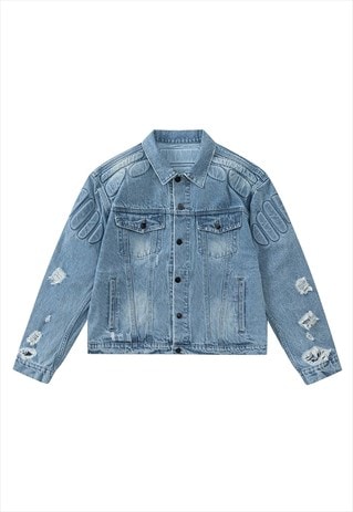 PATCHWORK DENIM JACKET 3D PUFF JEAN COLLEGE BOMBER IN BLUE