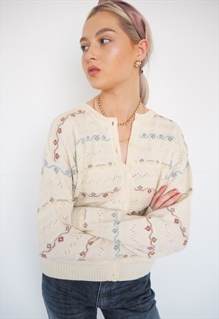 VINTAGE CREAM EMBROIDERED KNIT CARDIGAN