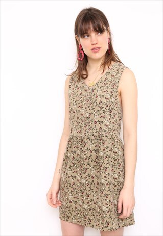 VINTAGE 90S BROWN CORD FLORAL PINAFORE MINI DRESS