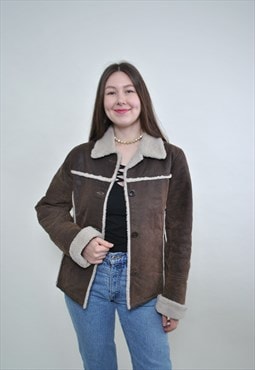 Women sheepskin jacket, vintage leather shearl jacket SMALL 