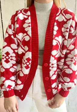 Vintage Red & White Floral Knitted 80's Cardigan