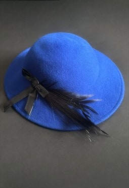 80's Vintage Blue Felt Ladies Hat Black Bow Feather 