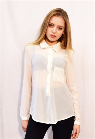 PLAIN COLOR CHIFFON SHIRT WITH FRONT POCKET (CREAM)
