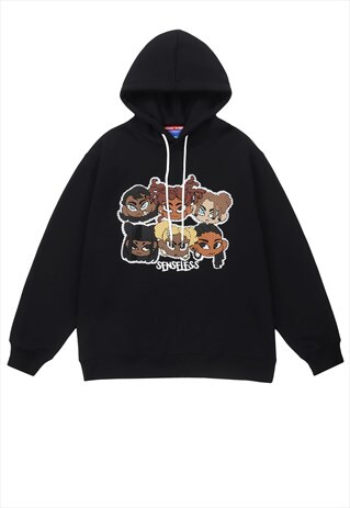 CARTOON HOODIE RAPPER PULLOVER GRUNGE ANIME JUMPER IN BLACK