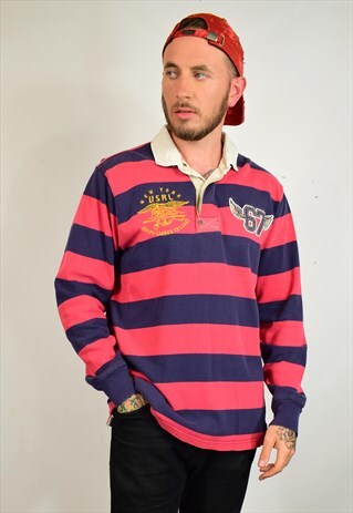 VINTAGE POLO JEANS CO RED STRIPED RUGBY TOP