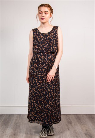 90'S VINTAGE BLACK LEAF PATTERN SUMMER MAXI DRESS