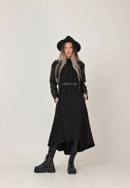Wool belted winter coat with leather sleeves: /KUMI/