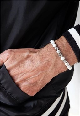 Lotus With Howlite Power Bead Bracelet Men Silver