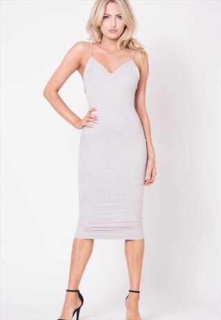 WOMENS V-NECK SPAGHETTI STRAP FAUX SUEDE DRESS SOLID GREY