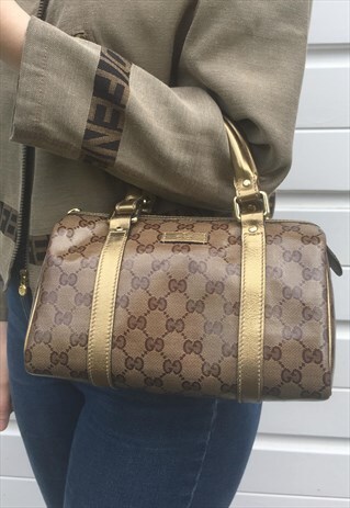 WOMENS GUCCI HANDBAG BROWN GOLD MONOGRAM PRINT BOSTON BAG