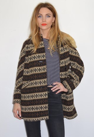 VINTAGE 70S NAVAJO SCANDI WOOL & FAUX FUR HOODED COAT