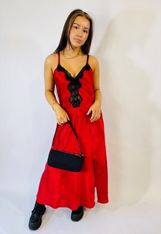 Vintage 00s Y2K Red Satin Lace Summer Slip Dress