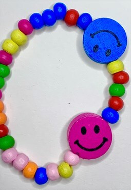 90s wooden rainbow smiley face beaded bracelet