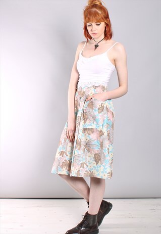 VINTAGE 80S LEAF PATTERNED PLEAT FRONT MIDI SKIRT