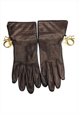 Christian Dior Gloves Brown Leather Gold Logo Small Vintage