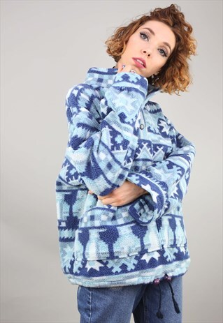 VINTAGE 90S OVERSIZED BLUE PATTERNED 1/4 ZIP FLEECE