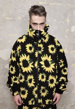Sunflower fleece jacket handmade daisy floral padded jacket