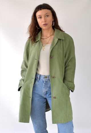 VINTAGE 80S OLIVE GREEN SUEDE-EFFECT MAC/JACKET