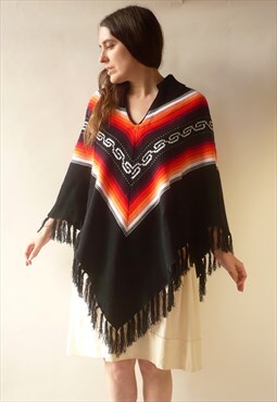 1970's Vintage Knitted Cape Tassel Poncho From Ecuador
