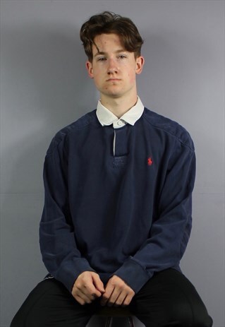 VINTAGE POLO RALPH LAUREN RUGBY POLO SHIRT IN NAVY BLUE WITH