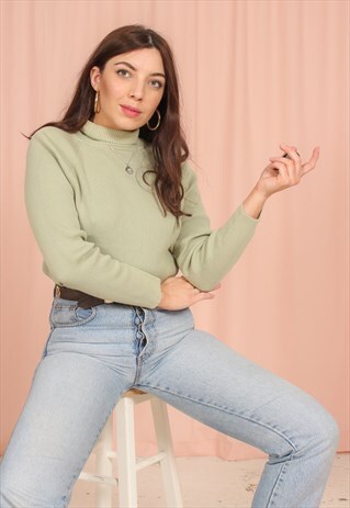 VINTAGE 90S RIBBED ROLL NECK JUMPER IN JADE GREEN