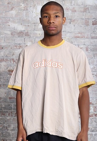 VINTAGE ADIDAS BIG LOGO SPELLOUT T-SHIRT BEIGE
