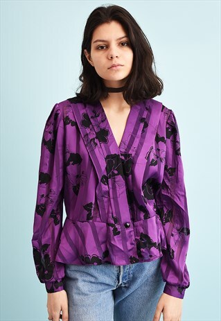 80'S RETRO SHEER FLORAL PRINT MOMS PEPLUM BLOUSE TOP