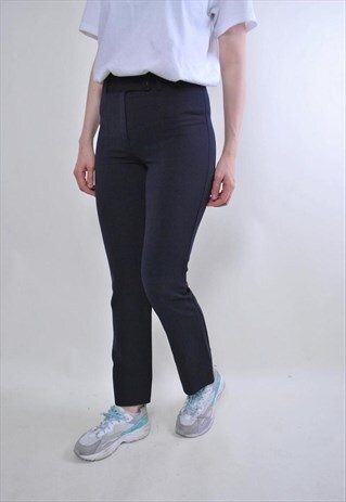 WOMEN VINTAGE BLUE WOOL TROUSERS, PARIS SKINNY SUIT PANTS