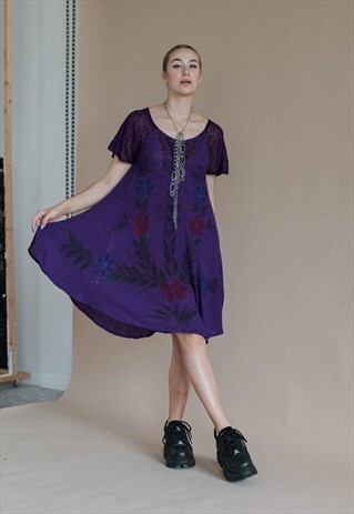 VINTAGE Y2K TRAPEZE PURPLE FLORAL PATTERN MIDI DRESS IN M