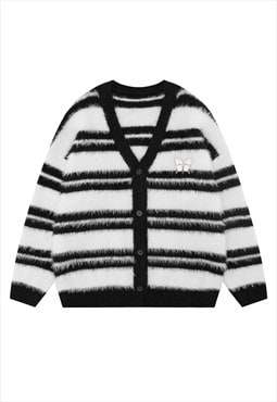 Horizontal stripe cardigan knitted jumper fluffy fleece top