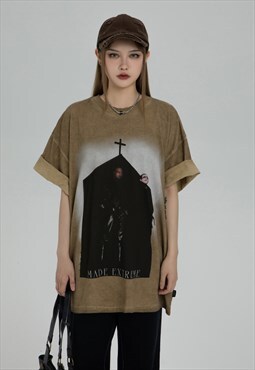 Church print t-shirt Y2K gradient top Kanye tee in brown