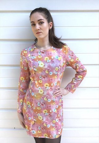 WOMENS VINTAGE 60S DRESS LONG SLEEVED PINK FLORAL DRESS