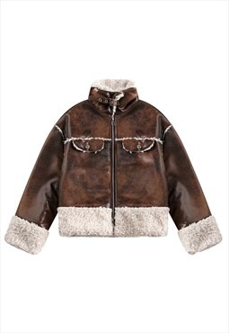 Cropped sherpa jacket fauxleather mountain fleece coat brown