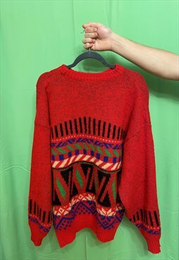 XL Red Knit Sweater with Graphic Print