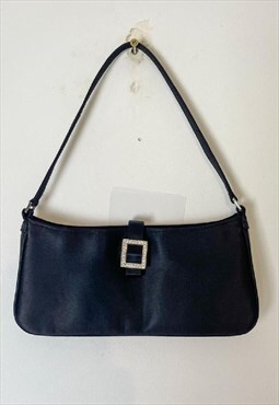 Vintage Satin Black Diamante Mini Shoulder Bag Y2K