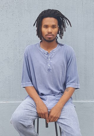 90S SKATER PREPPY PIGMENT DYED BLUE HENLEY TEE LARGE