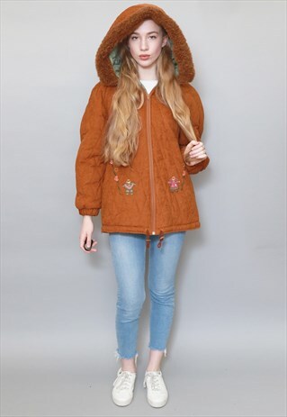 VINTAGE 1970'S QUILTED BURNT ORANGE WARM HOODED COAT
