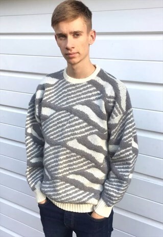 MENS VINTAGE 80S JUMPER CREAM GREY ZEBRA PATTERNED SWEATER