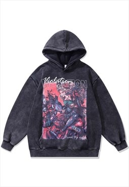 Anime hoodie vintage wash pullover Violation cartoon jumper