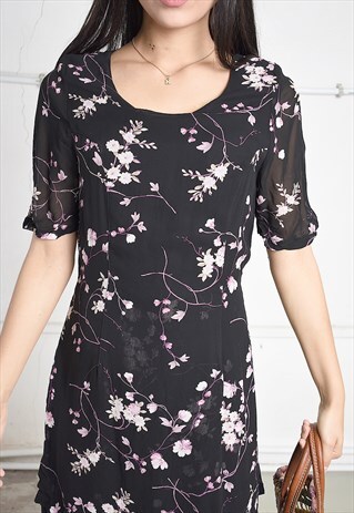 VINTAGE 90S PARIS CHIC MAXI DRESS IN BLACK WITH FLORAL PRINT