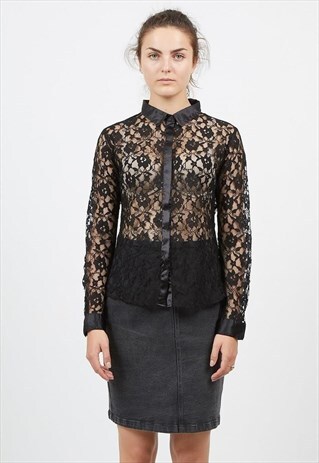 VINTAGE BLACK MISS MILLAS LONG SLEEVE SEE THROUGH LACE SHIRT