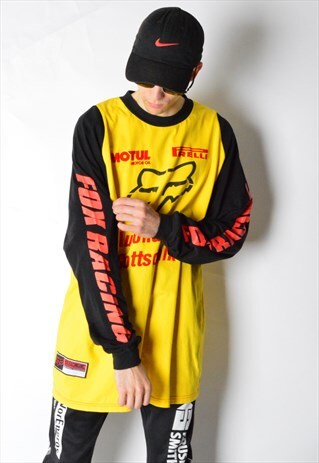 VINTAGE 90S BLACK AND YELLOW FOX RACING LONG SLEEVE SHIRT