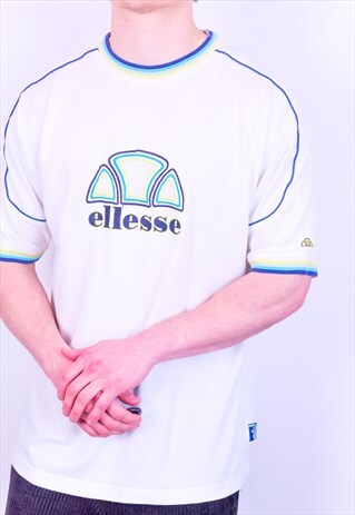 VINTAGE ELLESSE EMBROIDERY SPELL OUT T-SHIRT IN WHITE XL