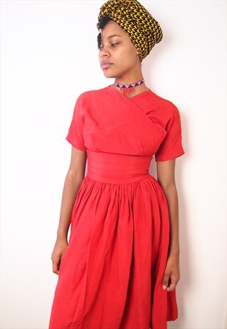VINTAGE RED DRESS WITH PLEATS