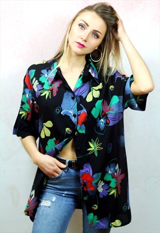 1990S VINTAGE BLACK FLORAL PRINT VISCOSE BLOUSE