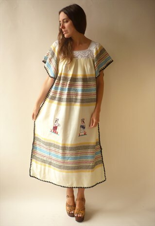 1980'S VINTAGE MEXICAN WOVEN & EMBROIDERED HIPPIE FOLK DRESS